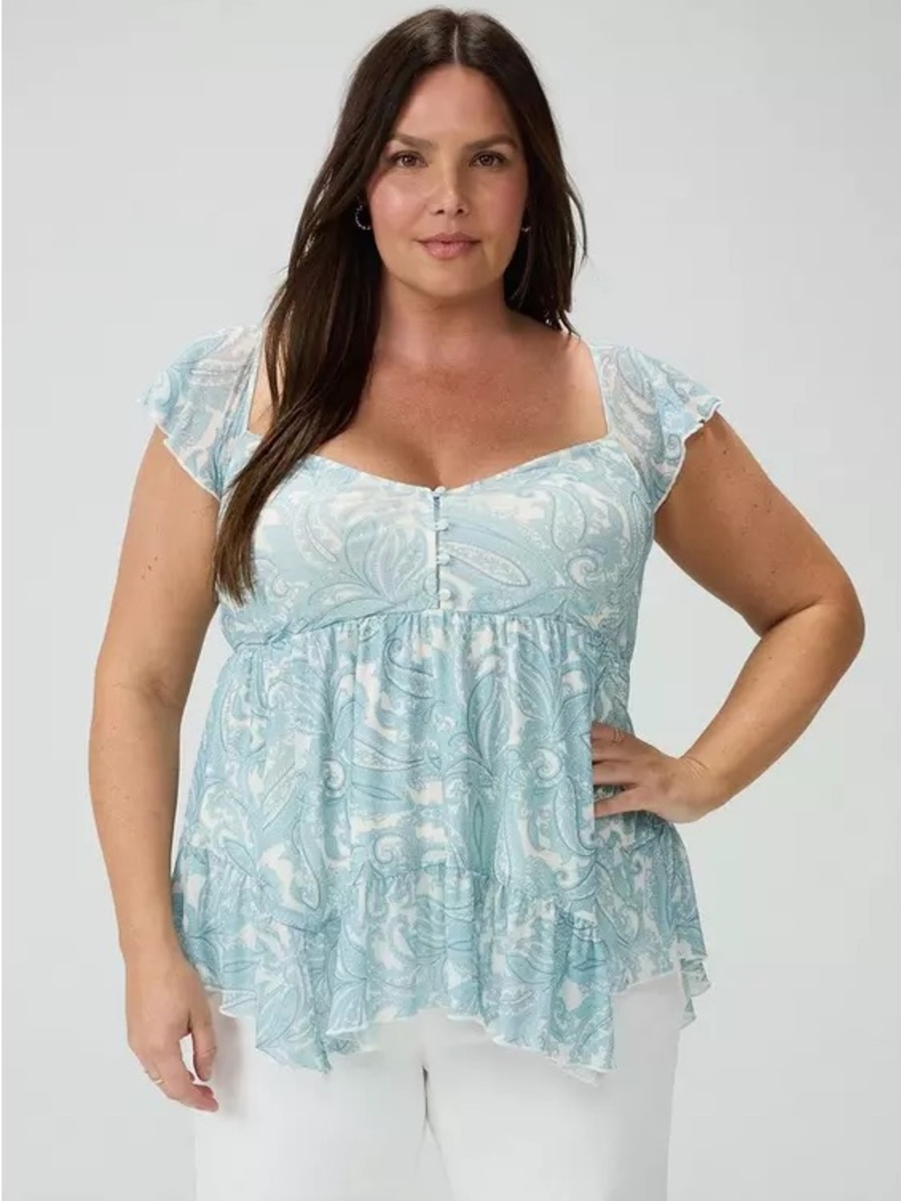 Torrid Blue White Paisley Mesh Flutter Cap Sleeve Sweetheart Babydoll Blouse 2X